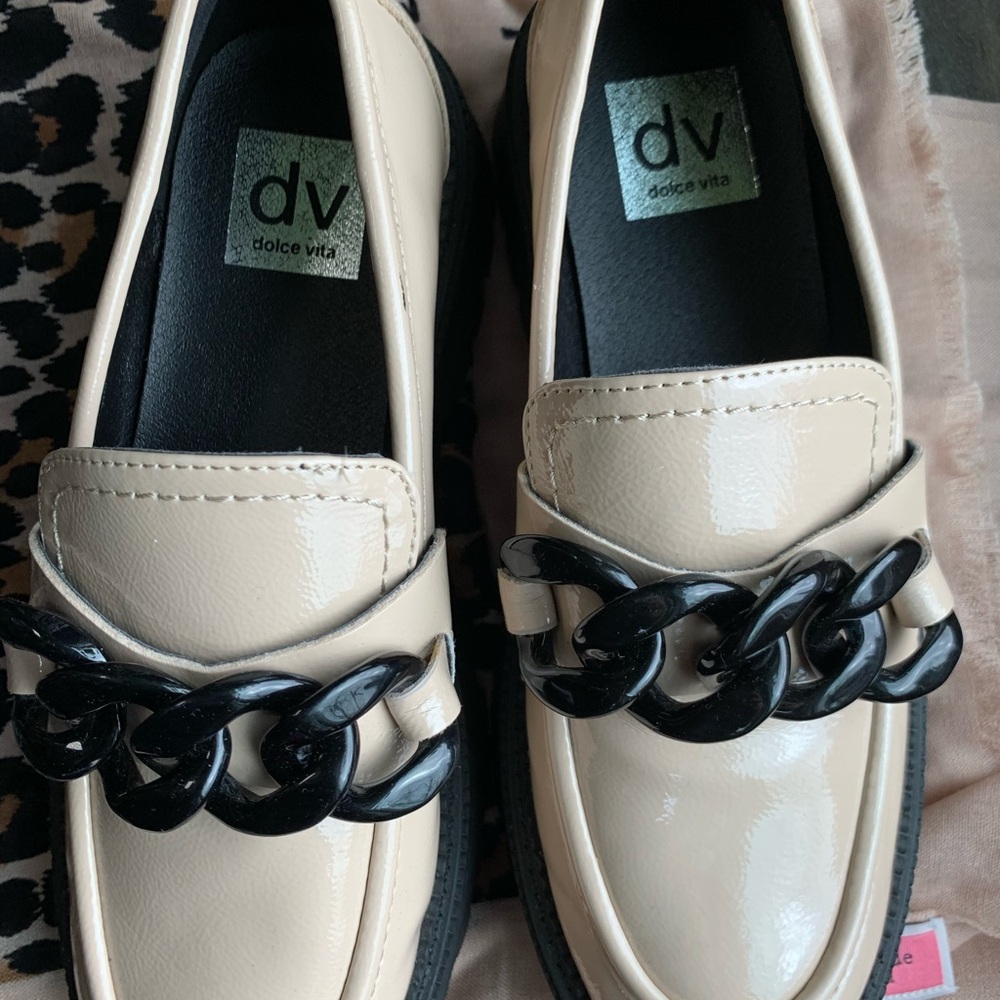 Dolce Vita Cream Loafers with Black Chain
